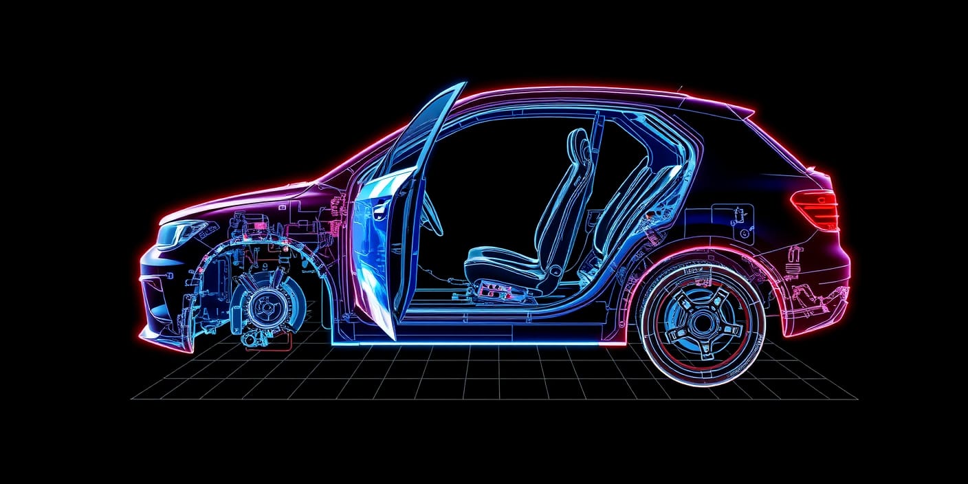 Holographic car assembly wireframe